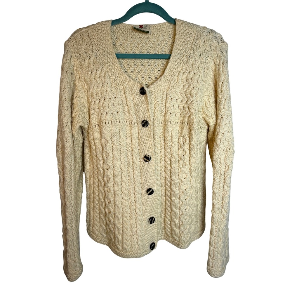 Carraig Donn Cardigan M Cream Cable Knit Wool Aran Irish Cottagecore 0824